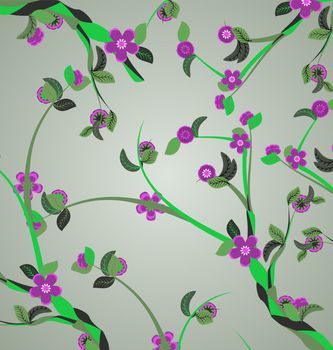 violet flowers on green branches spring vector grey background