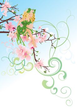 little green blond fairy sitting on the blossom cherry tree branch vector decorative illustration