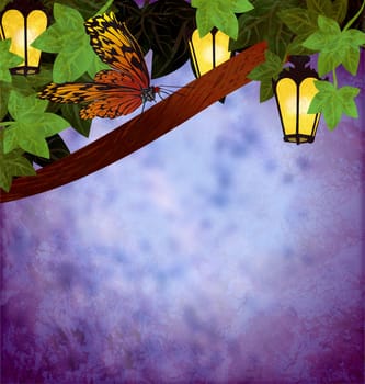 garden lanterns or lamps with yellow lights night picture grunge illustration with butterfly