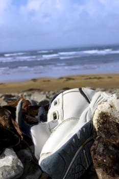 abandoned running shoe on a rocky stone beach in Ireland