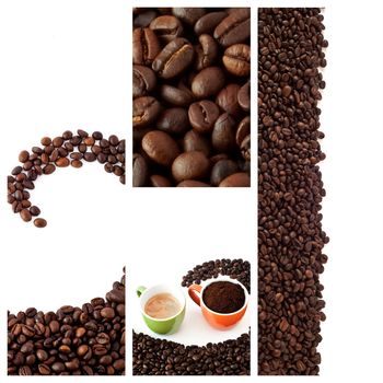 collage coffee beans and ground coffee on a white background