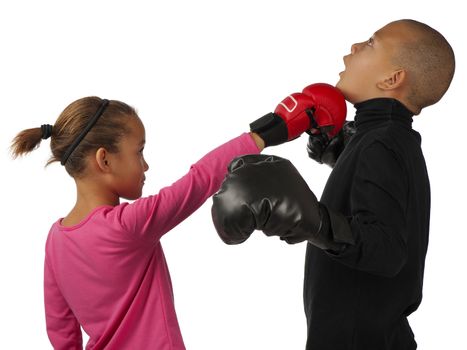 A girl punches a boy on his chin, during a boxing contest.