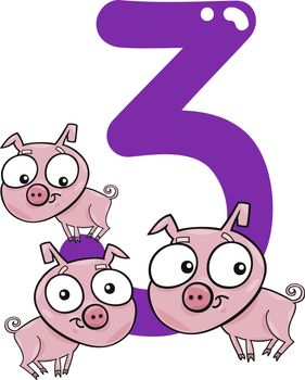 cartoon illustration with number three and pigs