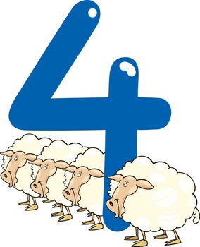 cartoon illustration with number four and sheeps