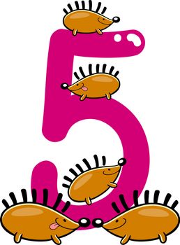 cartoon illustration with number five and hedgehogs