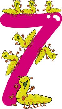 cartoon illustration with number seven and caterpillars