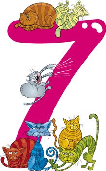 cartoon illustration with number seven and cats