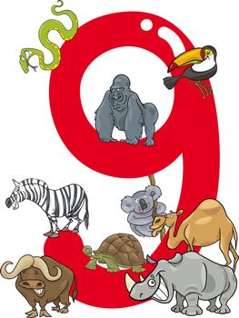 cartoon illustration with number nine and different animals