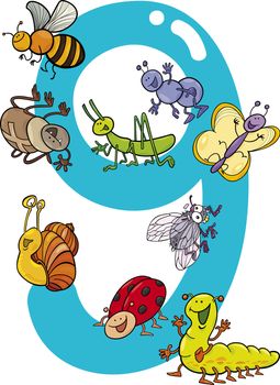 cartoon illustration with number nine and different insects