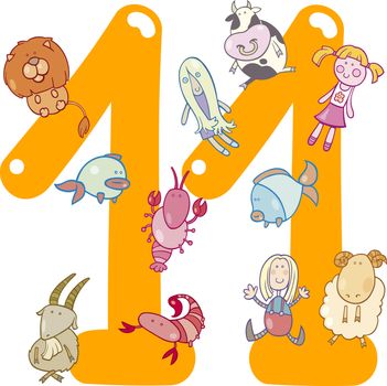 cartoon illustration with number eleven and toys