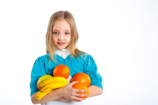 Portrait of cute little girl with fruits. Isolated on a white background