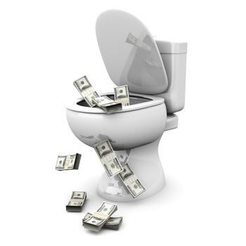 Money found in the Toilet! 3D rendered illustration. Isolated on white.
