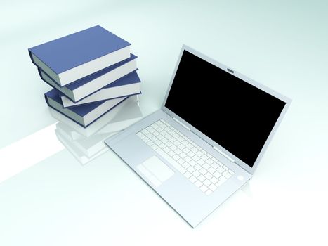 A Laptop with books. 3D rendered illustration.  