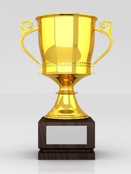 A golden trophy with a blank plate for custom text. 3D rendered Illustration.