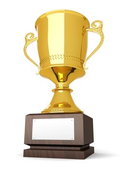 A golden trophy with a blank plate for custom text. 3D rendered Illustration. Isolated on white.