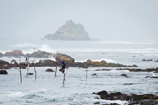 Gale, Sri Lanka - December 13, 2011: Traditional for south Sri Lanka's sea coast fishing on perches in the sea