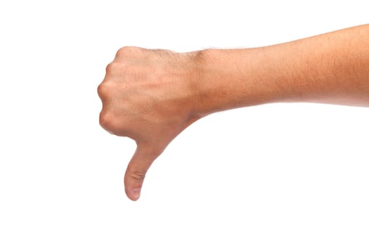 Thumb down male hand sign isolated on a white bakground