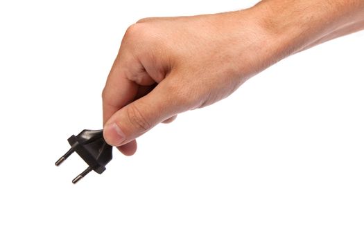 Man is holding a black outlet in the hand isolated on a white background