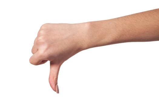 Thumb down Female hand sign isolated on a white bakground