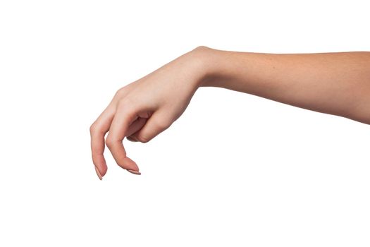 A Female hand is showing the walking fingers isolated on a white background