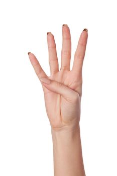 Female hand gesture number four closeup isolated on a white background