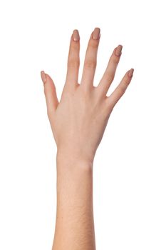 Female hand gesture number five closeup isolated on a white background