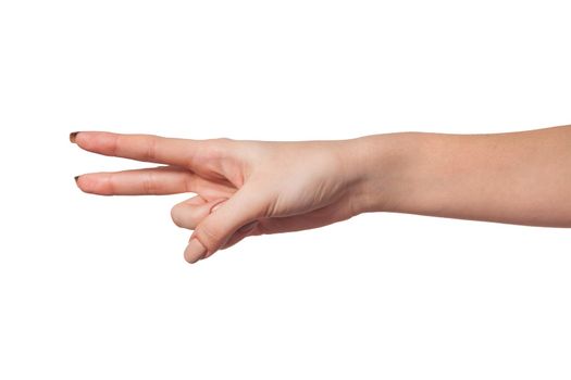 Hand with two fingers up in the peace or victory symbol. Also the sign for the letter V in sign language. Isolated on white.