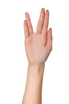 Female palm hand vulcan gesture, isolated on a white background