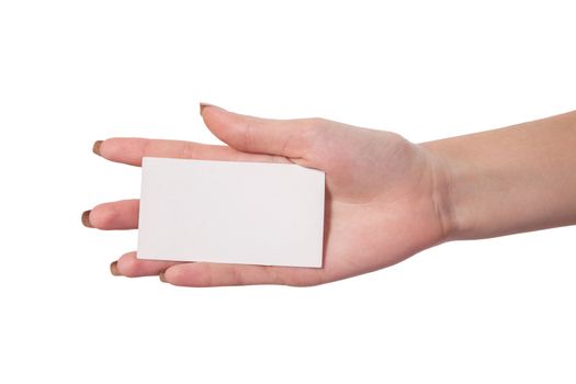 Businesswoman's hand holding blank paper business card, closeup isolated on white background