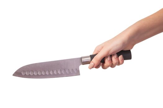 Hand is holding a kitchen kinfe isolated on a white background