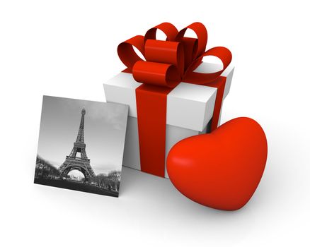 Picture of Eiffel Tower and a big red heart next to a Valentine's Day gift box