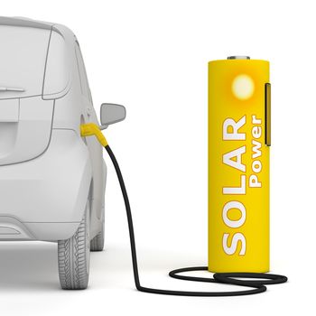 alternative energy green power - a solar battery as a fuel pump fuels an E-Car - back view, square aspect ratio