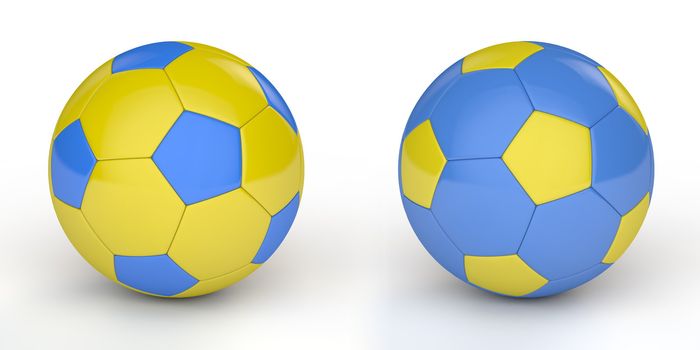 pair of shiny football / soccer balls with the ukrainian colours yellow and blue