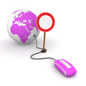 purple computer mouse is connected to a purple globe - surfing and browsing is blocked by a red-white no passing sign that cuts the cable