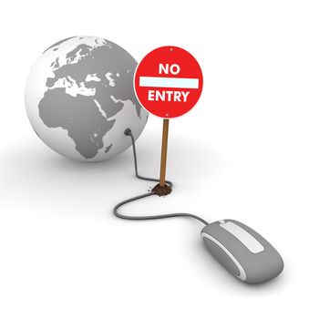 grey computer mouse is connected to a grey globe - surfing and browsing is blocked by a red No Entry sign that cuts the cable