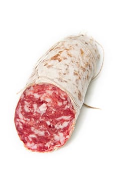 Salami sliced on the white