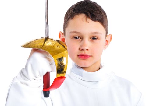 Portrait of child epee fencing lunge. Isolated on white background.