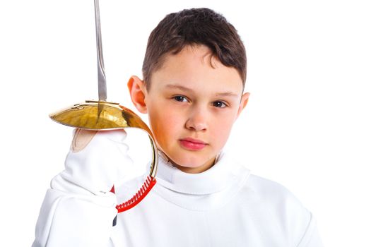 Portrait of child epee fencing lunge. Isolated on white background.