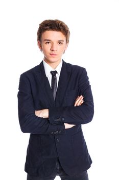 Portrait of a teenage boy in a business suit. Isolated on white background.