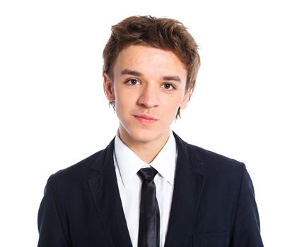 Portrait of a teenage boy in a business suit. Isolated on white background.