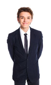 Portrait of a teenage boy in a business suit. Isolated on white background.