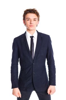 Portrait of a teenage boy in a business suit. Isolated on white background.