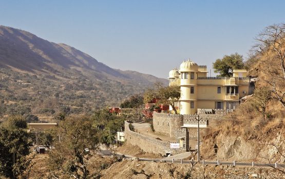 Picturesque scene from a vantage point on the back road approach to Kumbhalgarh Fort taking in the valleys and terrain