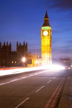 Big Ben from Westminster Bridge with Light Trail Landmark of London England United Kingdom at Dusk