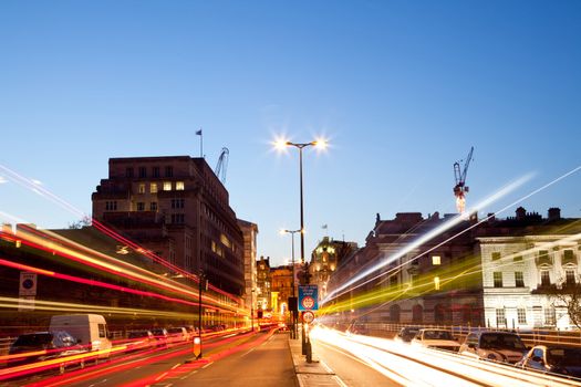 London Cityscape with Road Light Trail at dusk using for City Lifestyle transportation