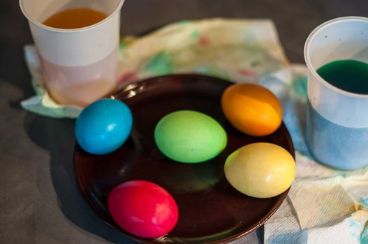 Close-up of coloured easter eggs on a plate