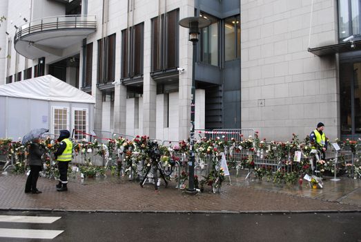 Flowers at the entrance of Oslo courthouse during the trial against terrorist Anders Behring Breivik.