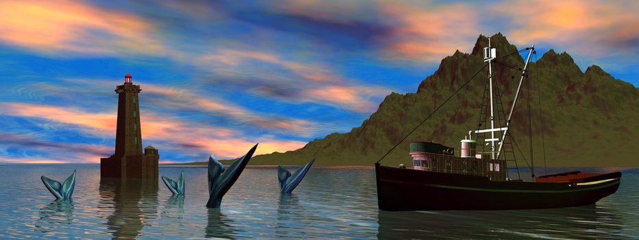 boat and fish and sky orange