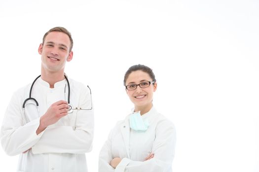 Smiling doctor and his female assistant on white background with copy space