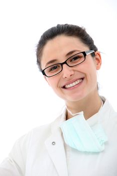 Portrait of smiling nurse with glasses on white background